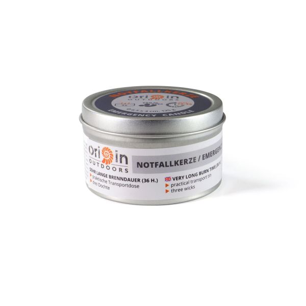 Draufsicht auf Notfallkerze Origin Outdoors® mit drei Dochten in geöffneter silberner Dose, aufgenommen auf weißem Hintergrund.